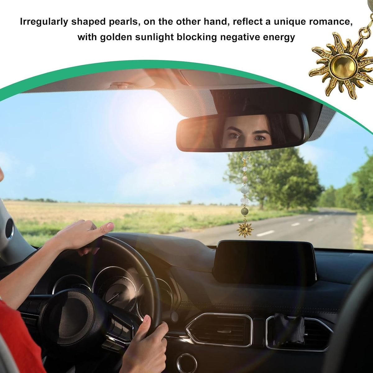 Sun Hanging Car Charm, Rear View Mirror Cute Boho Dangling Sun Car Decor Hanging Ornament, Handmade Healing Natural Crystals Stones Sun Catcher Mirror Pendant for Women Men (Green)