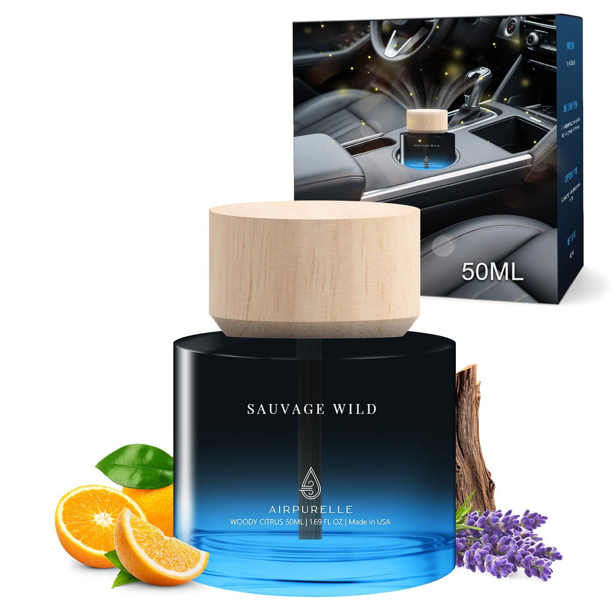 Car Air Freshener 50ML (1.7 FL OZ) Car Air Fresheners Diffuser, Amber Vanilla Fragrance Oil Car Air Freshner, 180+ days Long Lasting Car Perfume, Wooden Cup Design, Made in USA