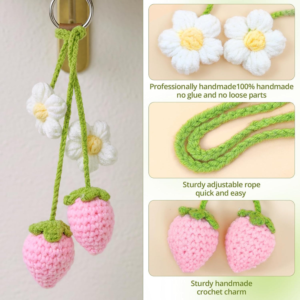 Crochet Strawberry and Flower Car Hanging Ornaments, Cute Aesthetic Rearview Mirror Hanging Accessories for Women and Girls, Handmade Polyester Fiber Car Decor 2-Pack