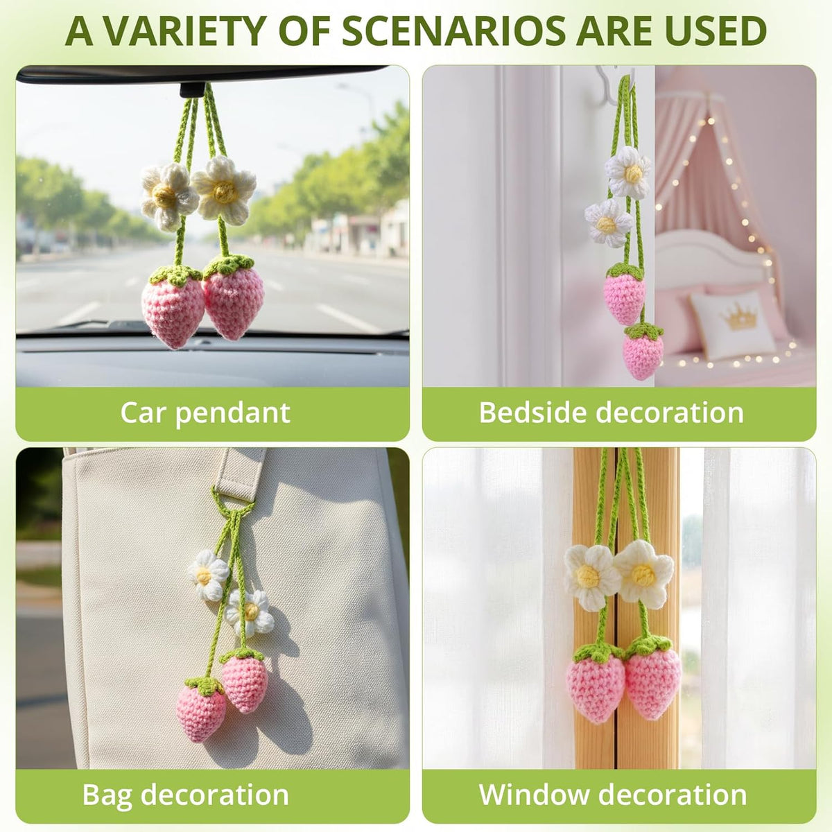 Crochet Strawberry and Flower Car Hanging Ornaments, Cute Aesthetic Rearview Mirror Hanging Accessories for Women and Girls, Handmade Polyester Fiber Car Decor 2-Pack