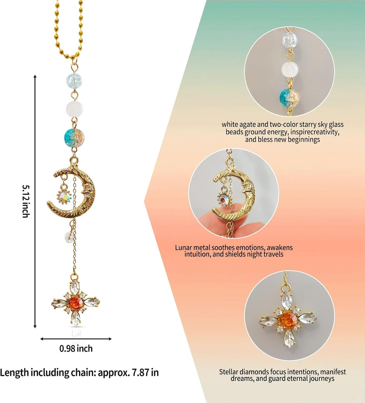 Sun Moon Car Charm Hanging, Boho Dangling Automotive Decor-Rear View Mirror Decoration with Handmade Healing Crystals Stones, Cute Interior Ornament Car Accessories