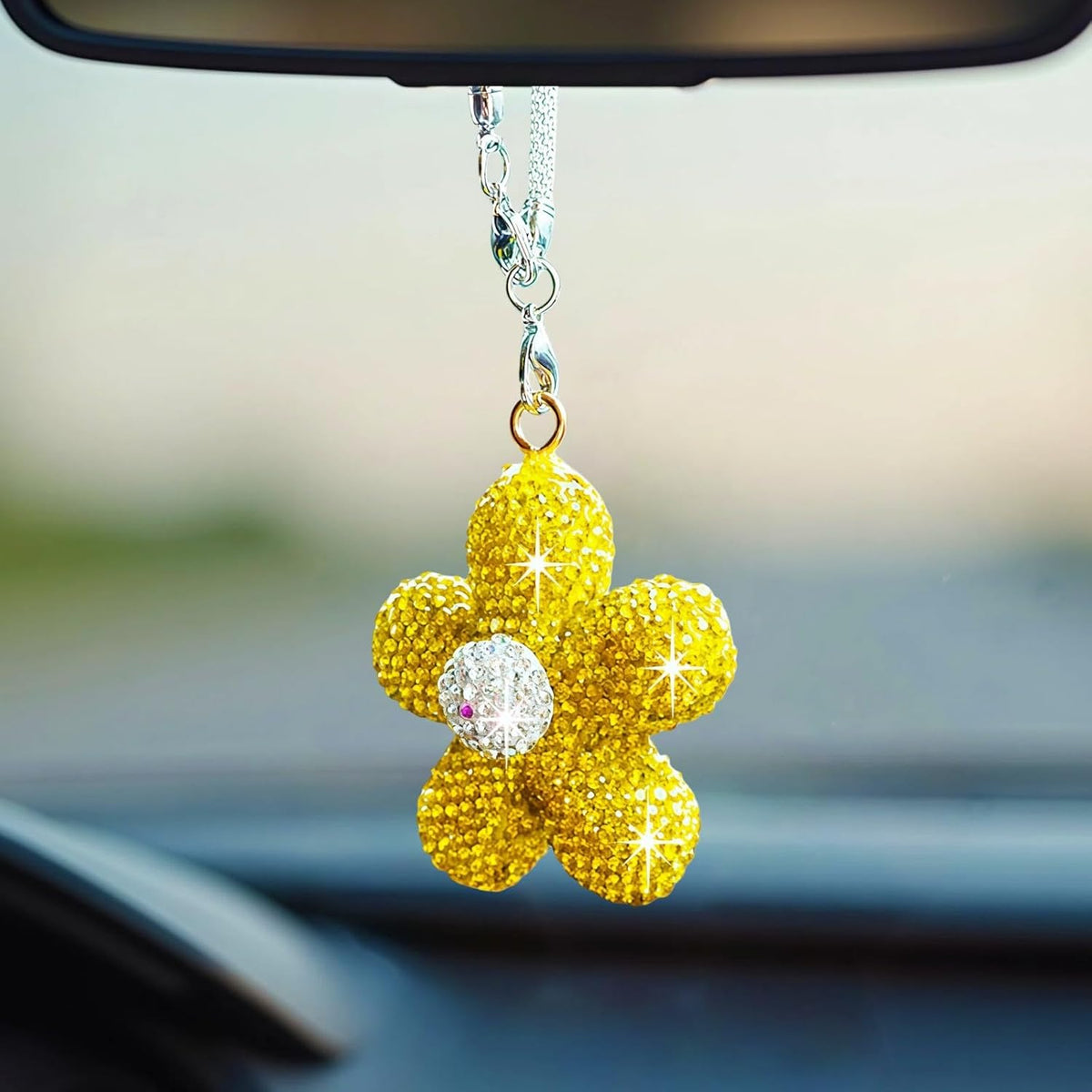Bling Daisy Flower Car Hanging Ornament for Women, Cute Crystal Rear View Mirror Pendant Charms Sparkly Diamond Aesthetic Automotive Interior Decor Accessories (Yellow)