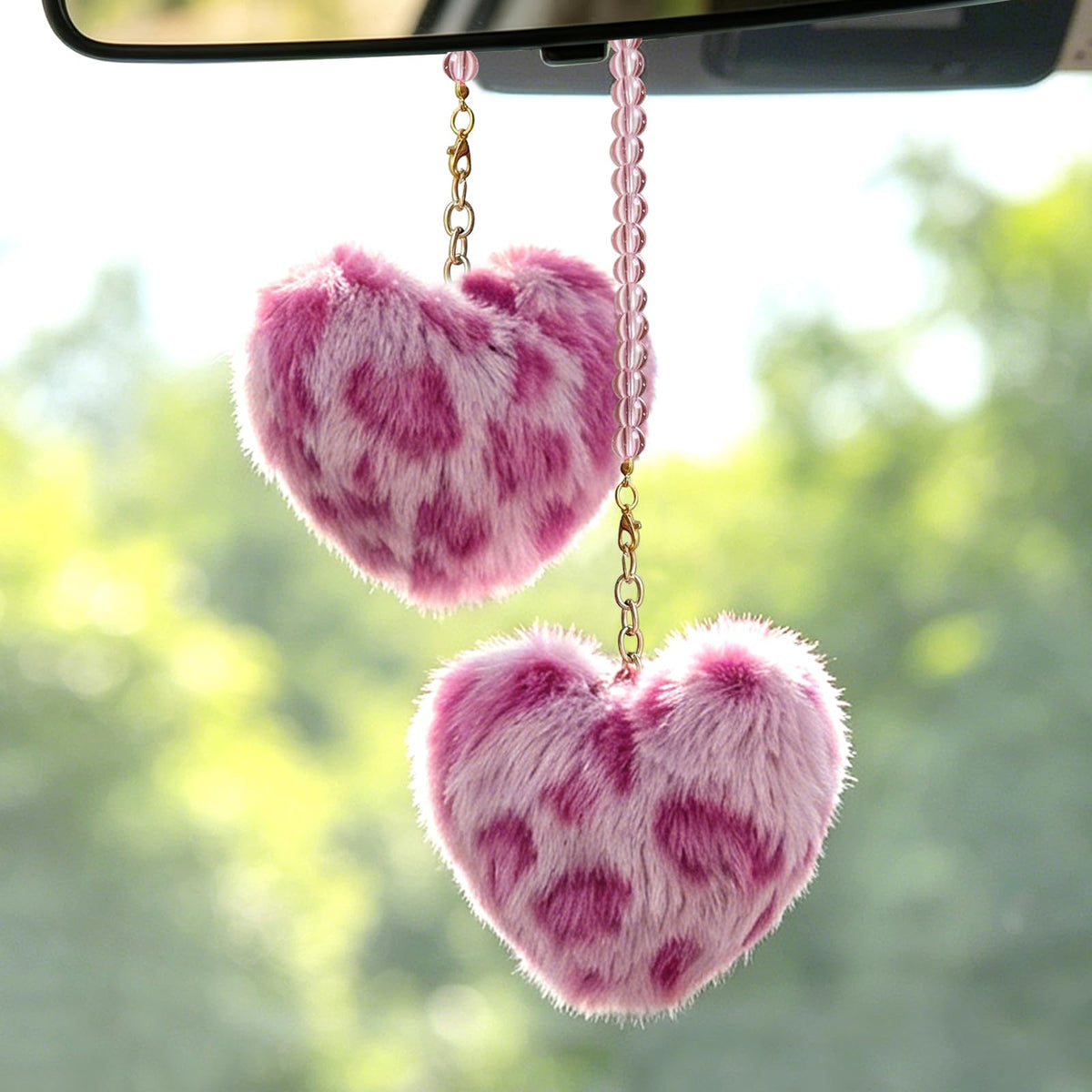 YGMONER Leopard Fuzzy Heart Car Mirror Hanging Accessories, Pair of Fluffy Cheetah Heart Shape Pendant with Glass Bead Chain - Elegant Rear View Mirror Decor Accessory (Brown Leopard)