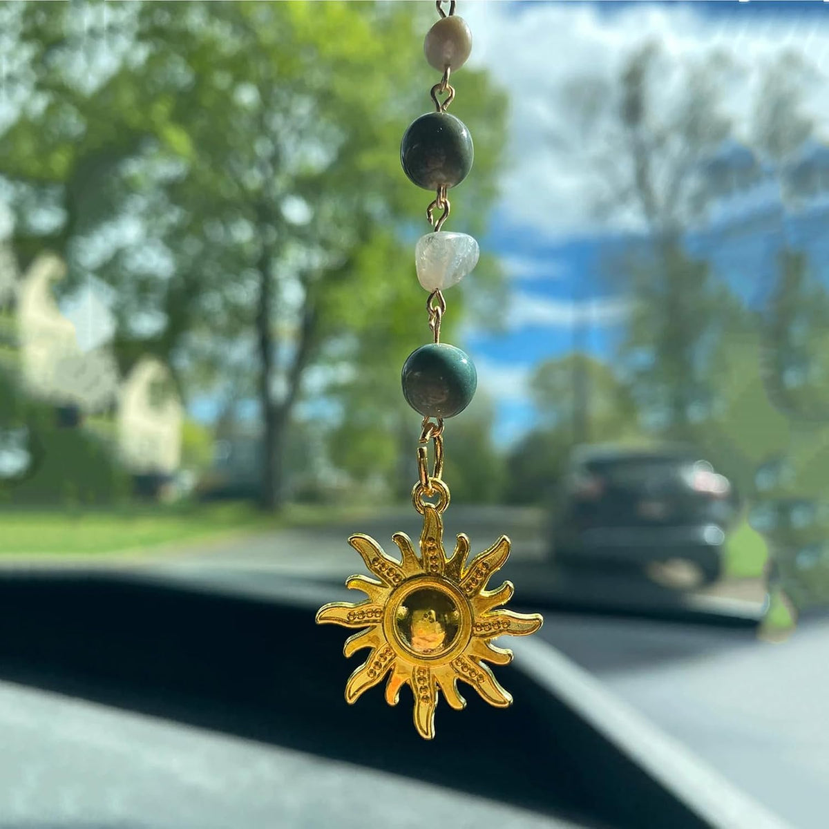 Sun Hanging Car Charm,Gold Rear View Mirror Accessories,Boho Crystals Decor