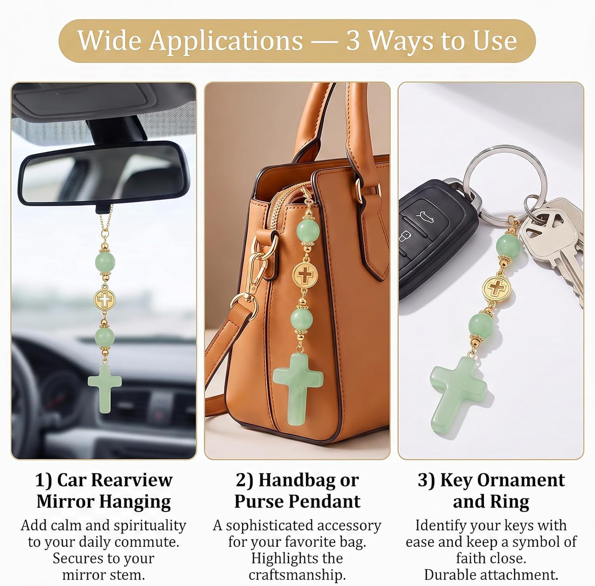 Green Crystal Cross Car Hanging Charm, Boho Blessing Rear View Mirror Ornament, Healing Stone Car Decor Accessories for Women