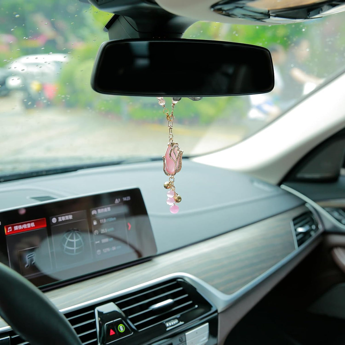 YGMONER Tulip Car Mirror Hanging Ornaments Pink Cat's Eye Stone Flower Charm - 9 Inch Elegant for Women's Auto Decor Accessories