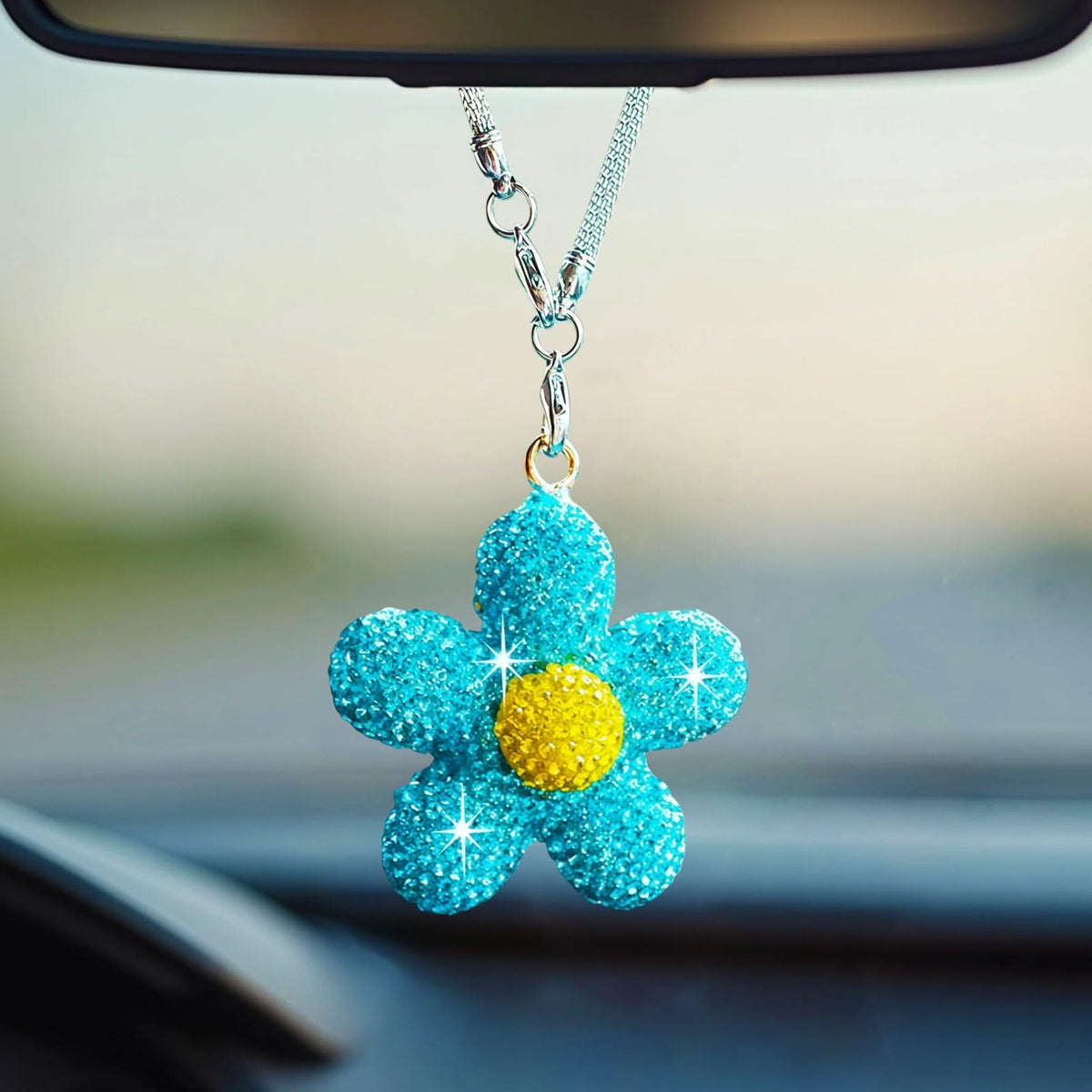 Bling Daisy Flower Car Hanging Ornament for Women, Cute Crystal Rear View Mirror Pendant Charms Sparkly Diamond Aesthetic Automotive Interior Decor Accessories (Yellow)
