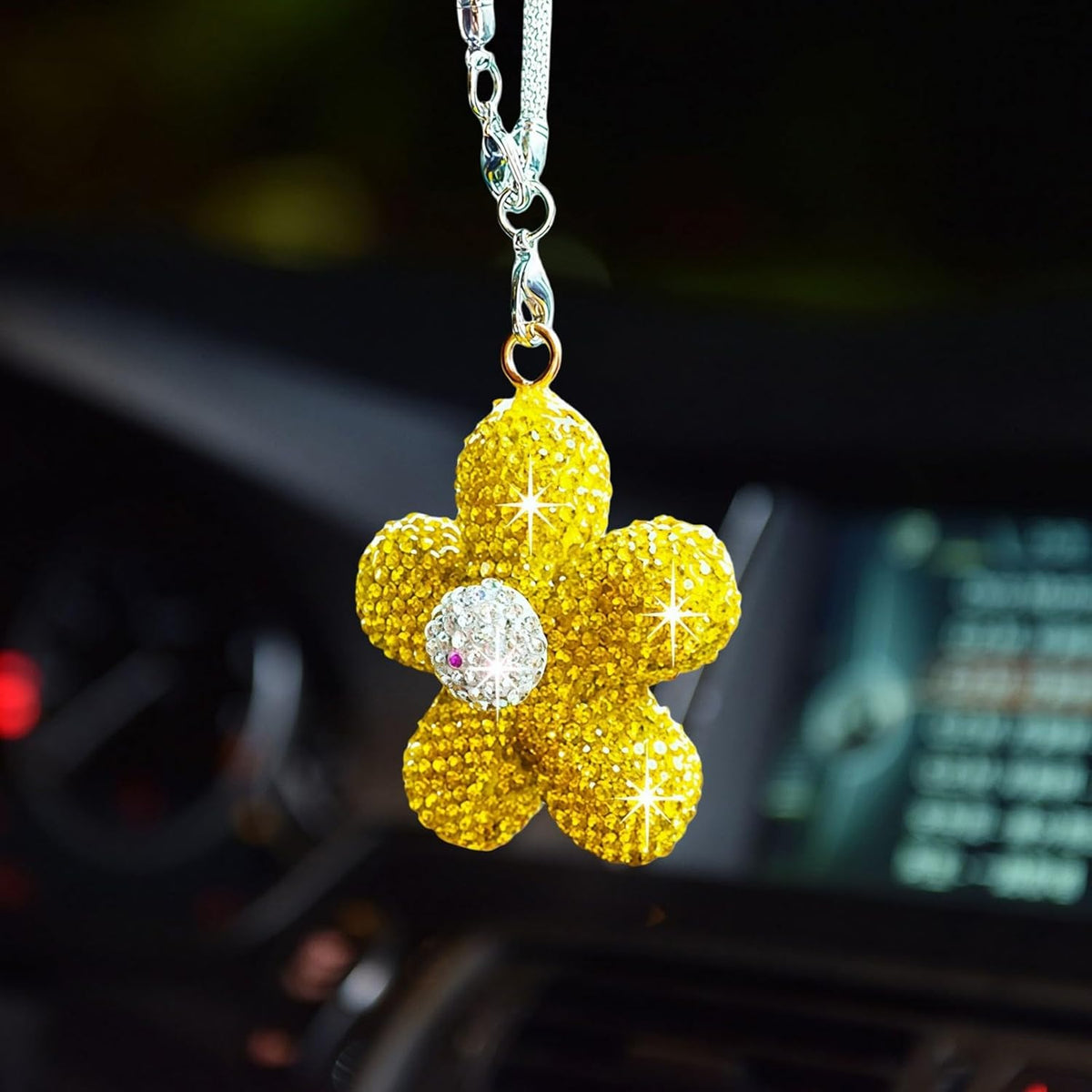 Bling Daisy Flower Car Hanging Ornament for Women, Cute Crystal Rear View Mirror Pendant Charms Sparkly Diamond Aesthetic Automotive Interior Decor Accessories (Yellow)