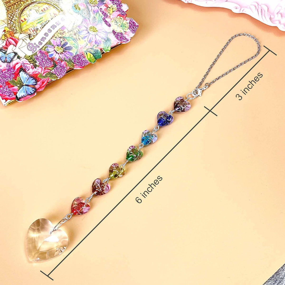 Crystal Suncatcher Charm for Car Rear View Mirror, 7 Chakras Rainbow Glass Chanderlier Prisms Hanging Car Charm, Sun Catcher Ornament Window Wall Home Décor (Rainbow Heart)