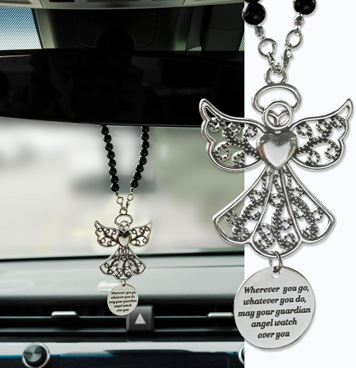 Rislobx Angel Wings Hanging Ornaments for Car Rear View Mirror, Metal Guardian Angel Wings Car Charm Pendant Rear View Mirror Hanger Decor for Lover Family Christian Gifts