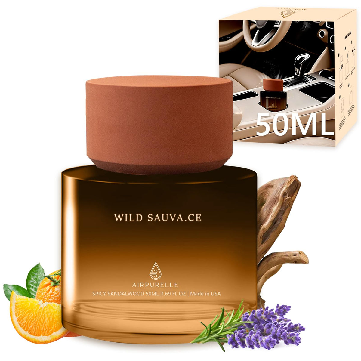 Car Air Freshener 50ML (1.7 FL OZ) Car Air Fresheners Diffuser, Amber Vanilla Fragrance Oil Car Air Freshner, 180+ days Long Lasting Car Perfume, Wooden Cup Design, Made in USA