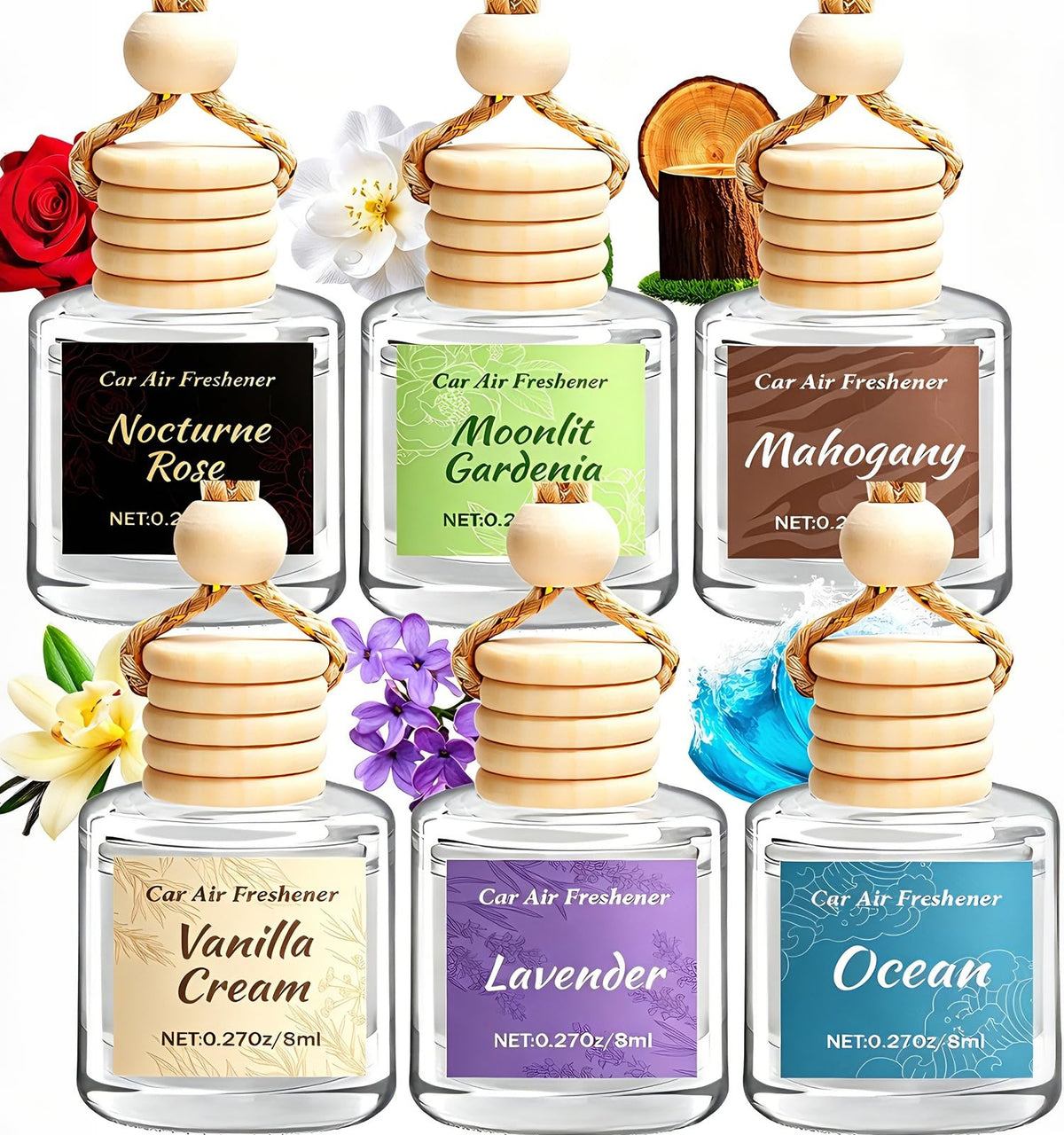 Car Air Freshener 6 Pack, Vanilla Cream,Mahogany & Lavender