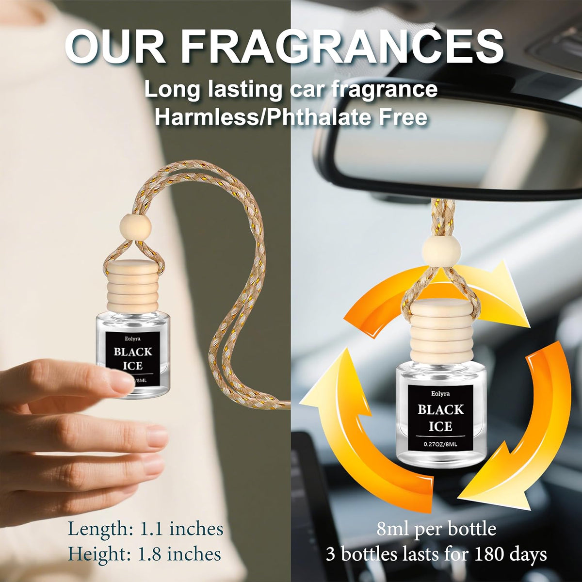 Hanging Car Air Freshener (Pack of 3) : Luxury Car Perfume for Women Men | Cute & Reusable Bottle with 45+ Days Long-Lasting Fragrance Oil Diffuser, Black ice