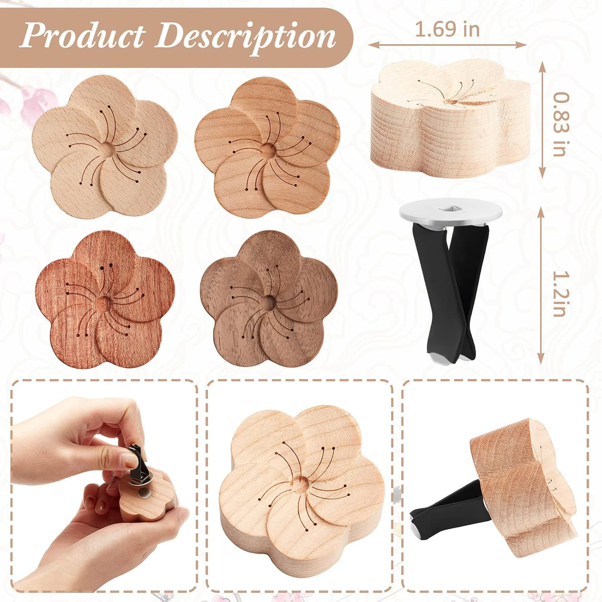 Zubebe 4 Pack Car Essential Oil Diffuser, Wood Flower Vent Clip