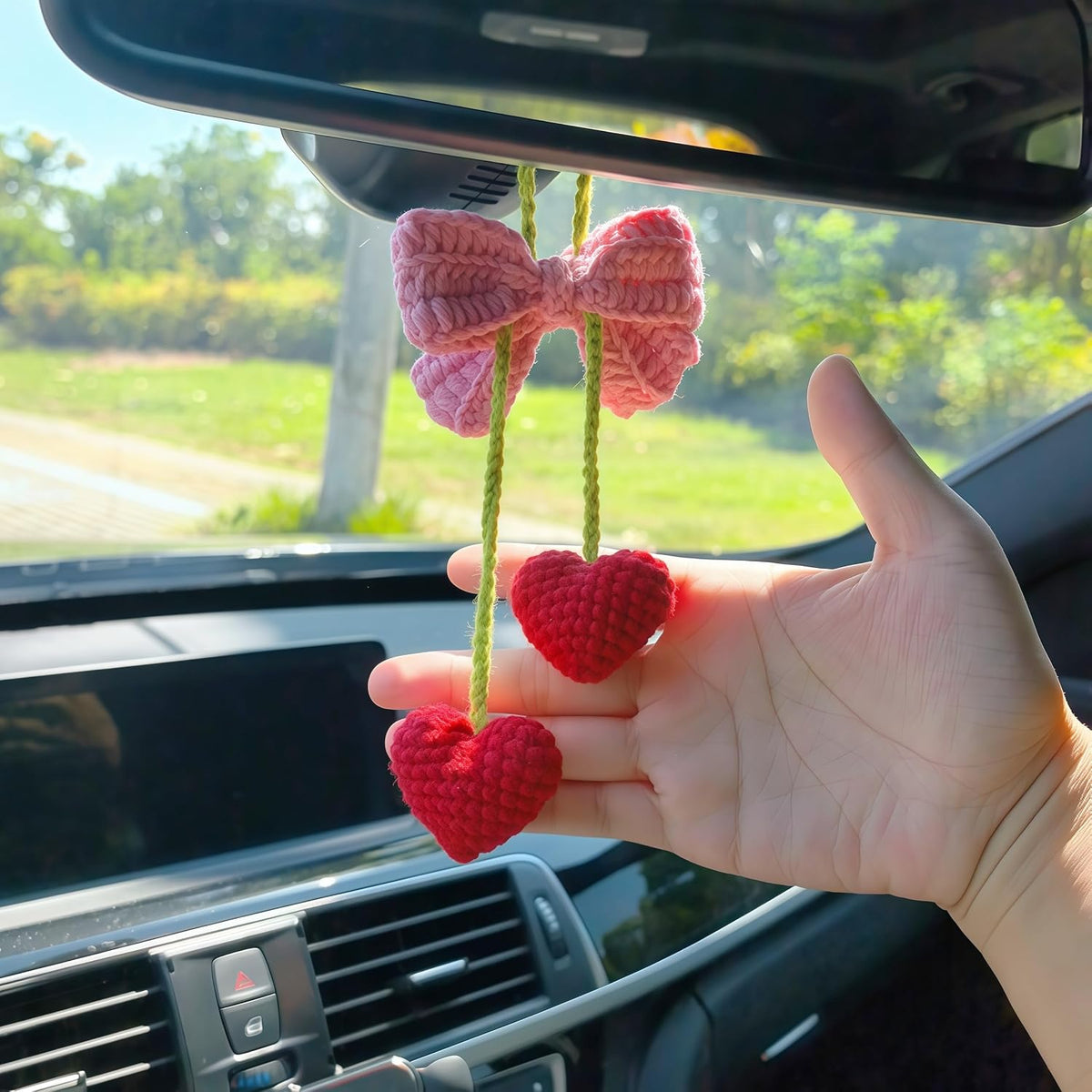 Cute Bowknot Love Car Mirror Hanger, Crochet Hand Knitted Rear View Mirror Accessory
