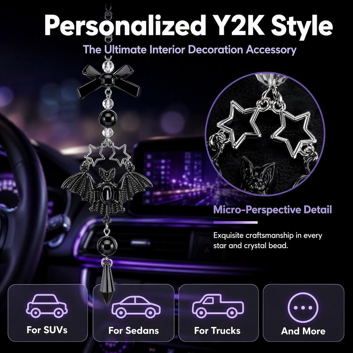 Gothic Car Rearview Mirror Charm Black Crystal Bat Pendant Decor