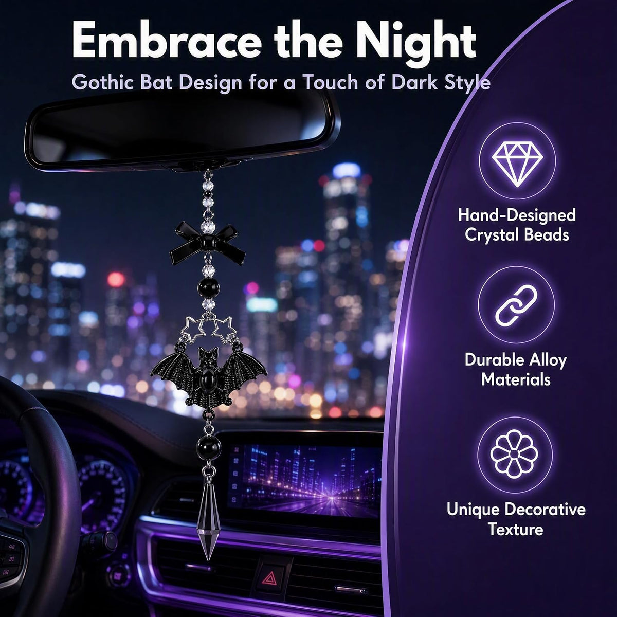 Gothic Car Rearview Mirror Charm Black Crystal Bat Pendant Decor