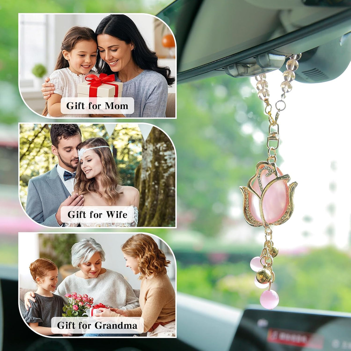 YGMONER Tulip Car Mirror Hanging Ornaments Pink Cat's Eye Stone Flower Charm - 9 Inch Elegant for Women's Auto Decor Accessories