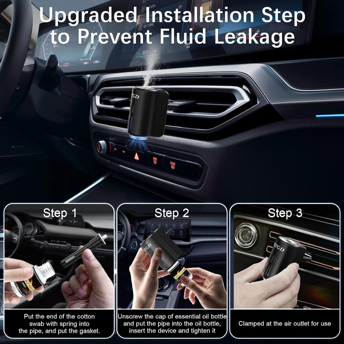 Car Air Freshener Diffuser, Smart Car Air Freshener with Three Adjustable Light Modes, Rechargeable Aromatizante Para Carro with 8pcs Essential Oil,Long Lasting, Black