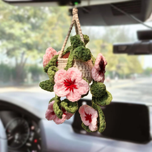 Cute Crochet Cherry Blossom Hanging Plant for Car Accessories, Aesthetic Decor Rear View Mirror Hanging Ornament for Women and Men, Handmade Cute Car Interior Decor Accessories Gift