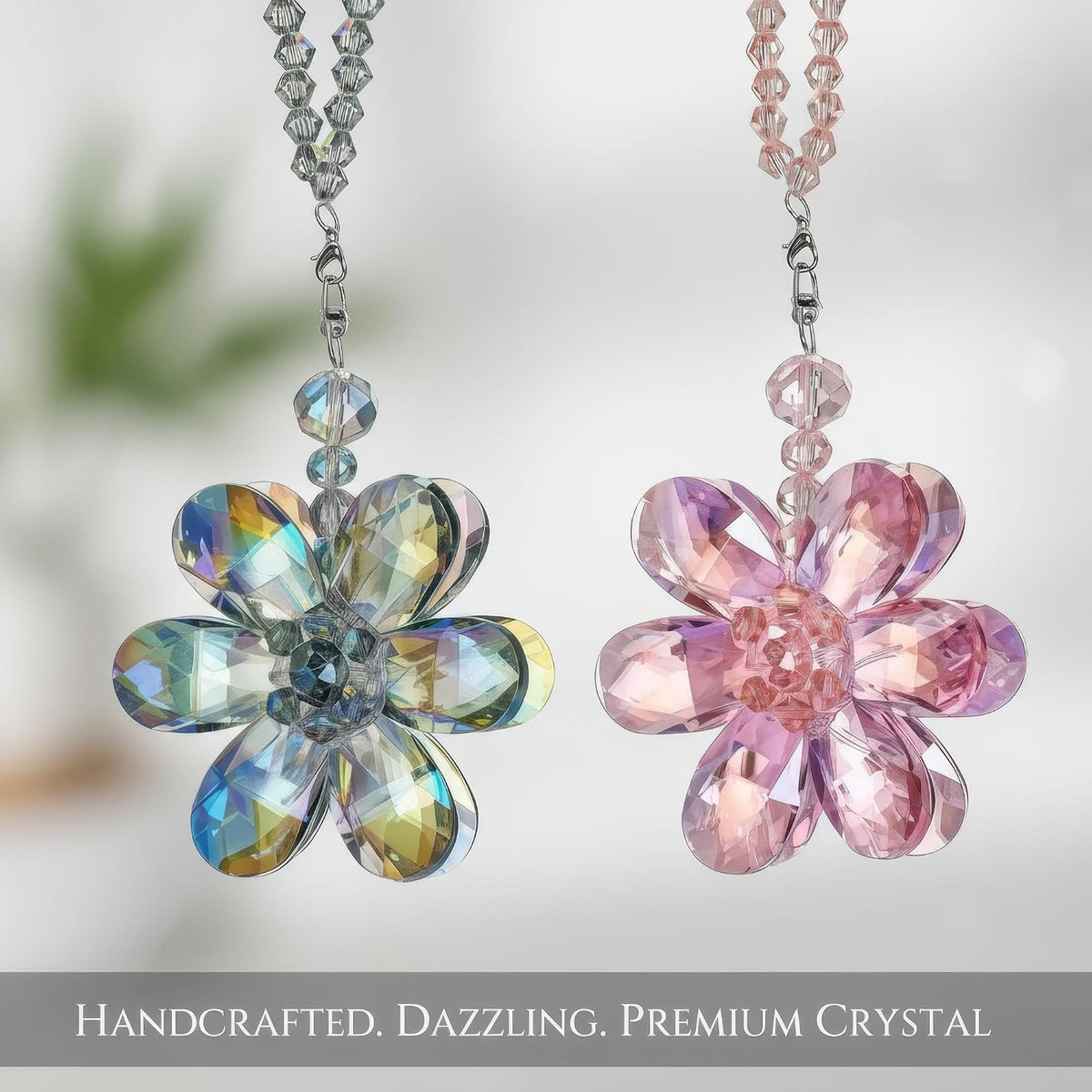 Pink Crystal Flower Car Charm for Women - Feng Shui Rearview Mirror Hanging Ornament - Crystal Bead Auto Interior Decor