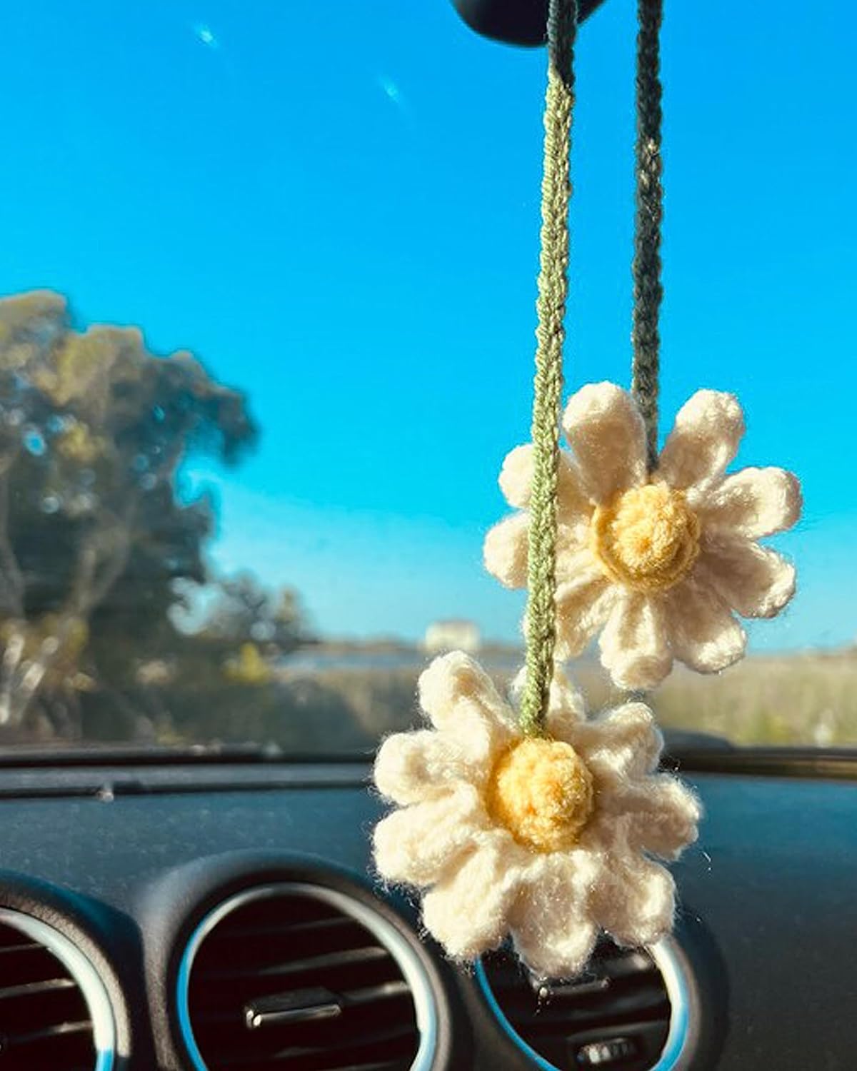 Crochet Daisy Car Accessories for Women Cute Rear View Mirror Hanging Charm