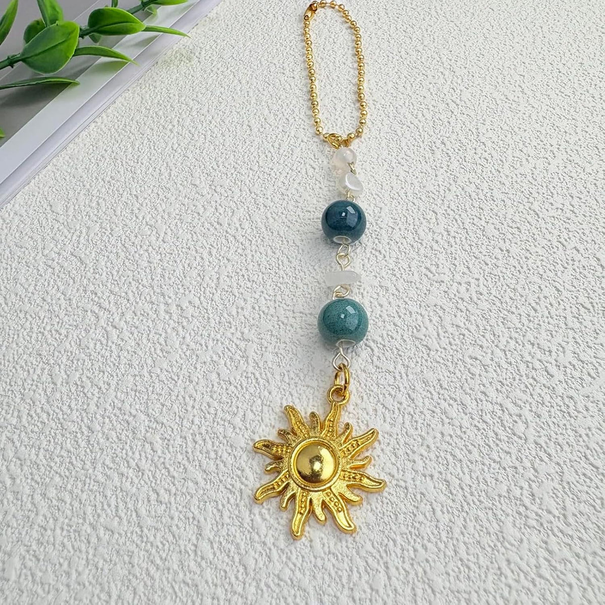 Sun Hanging Car Charm,Gold Rear View Mirror Accessories,Boho Crystals Decor