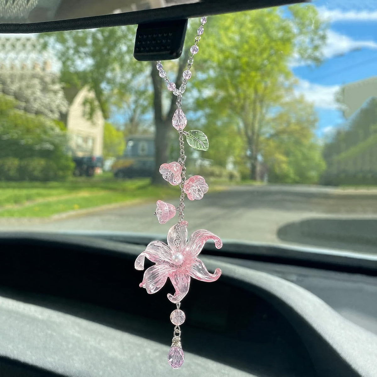 Car Mirror Hanging Ornament, Pink Lily Floral Rear View Decor
