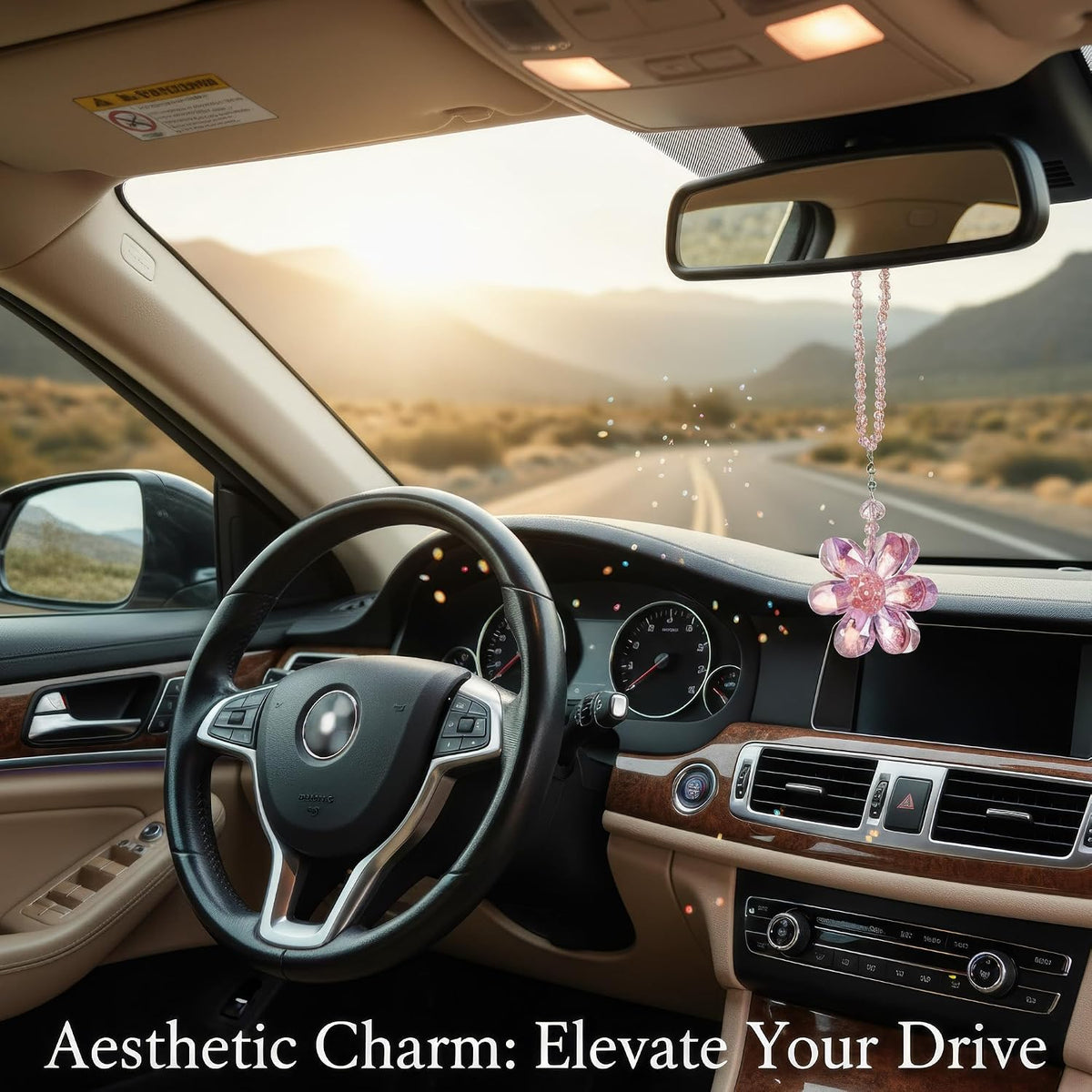 Pink Crystal Flower Car Charm for Women - Feng Shui Rearview Mirror Hanging Ornament - Crystal Bead Auto Interior Decor