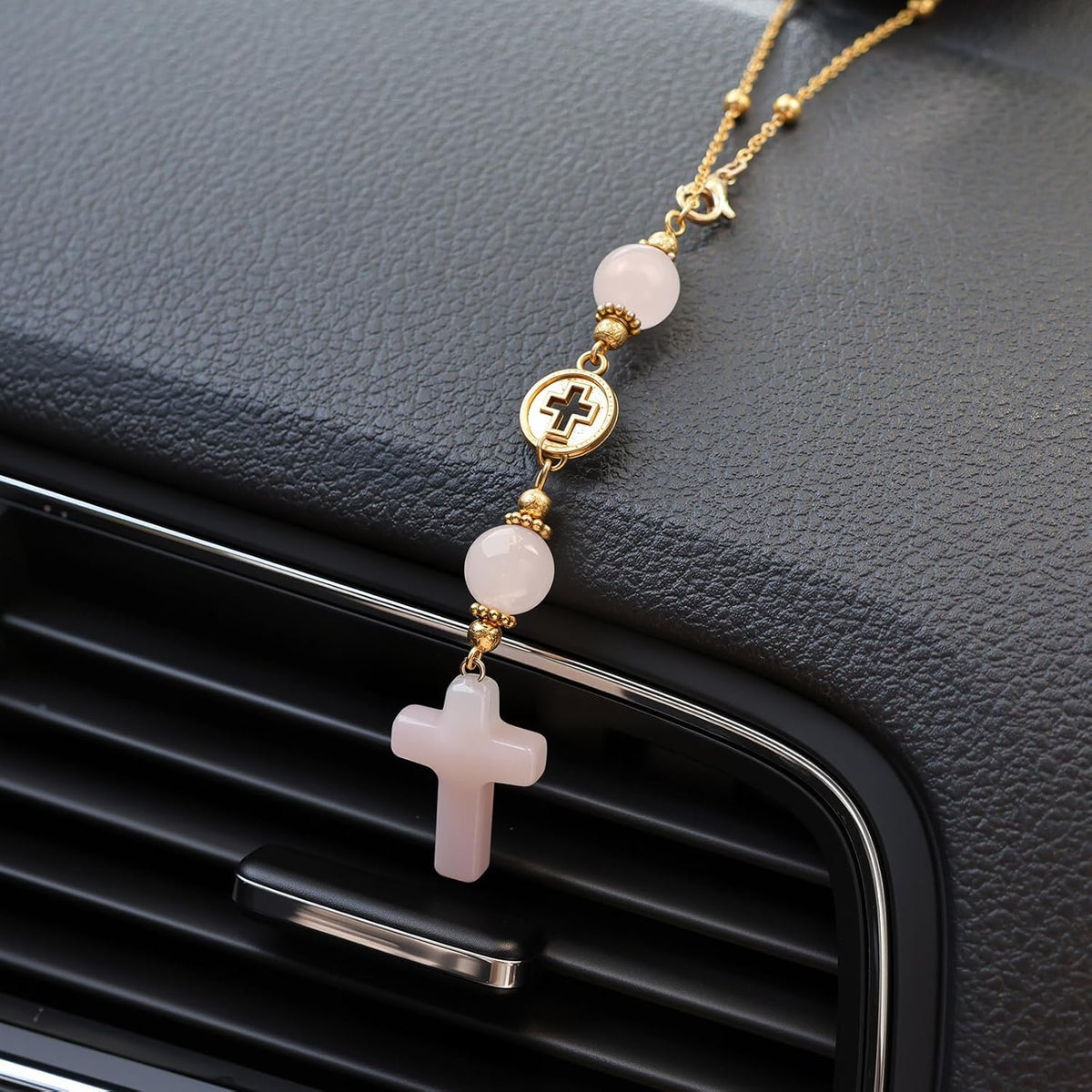 Cross Crystal Hanging Car Charm,Cute Healing Stones Car Decor for Rear View Mirror Boho Handmade Sun Catcher Ornament Accessories Rose Quartz Crystal Protection for Women