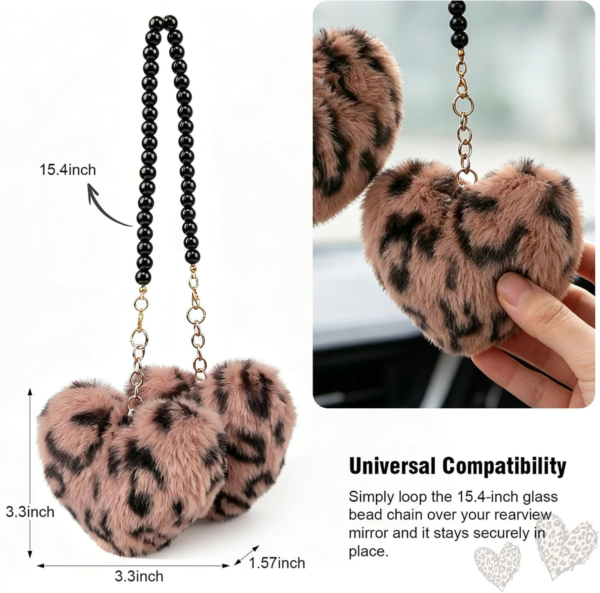 YGMONER Leopard Fuzzy Heart Car Mirror Hanging Accessories, Pair of Fluffy Cheetah Heart Shape Pendant with Glass Bead Chain - Elegant Rear View Mirror Decor Accessory (Brown Leopard)