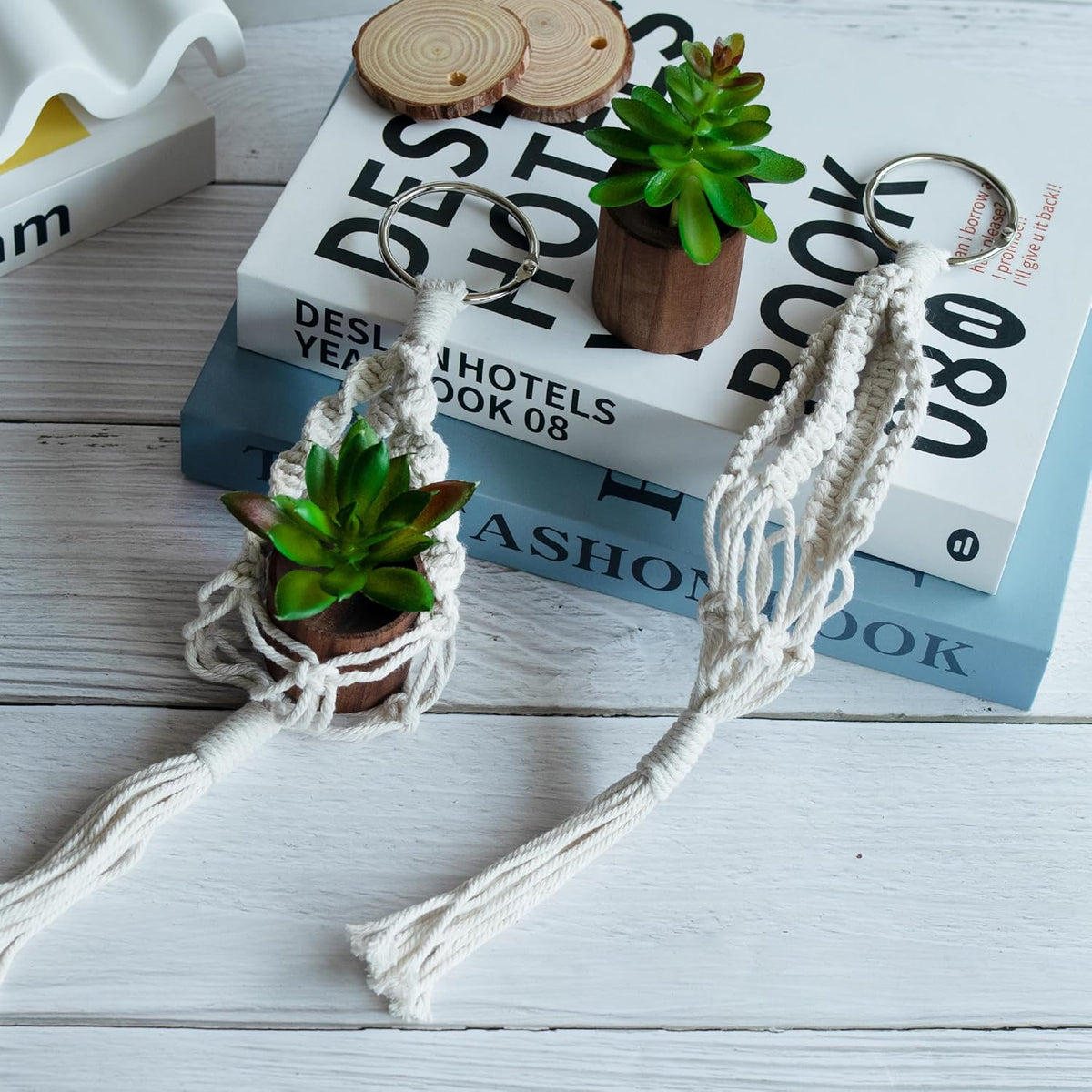 2 Pack Plant Car Mirror Hanging Accessories Cute Crochet Plant Car Air Freshener with Wooden Essential Oil Diffusers Reusable Mini Macrame Boho Plant for Rear View Mirror Home Office Decor