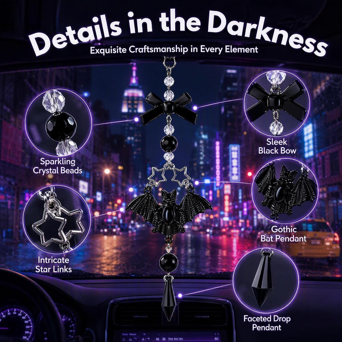 Gothic Car Rearview Mirror Charm Black Crystal Bat Pendant Decor