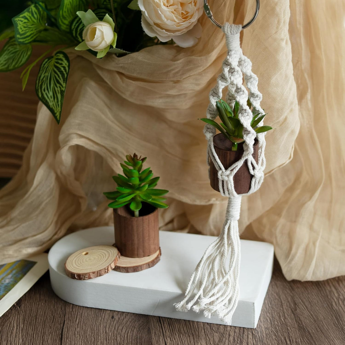 2 Pack Plant Car Mirror Hanging Accessories Cute Crochet Plant Car Air Freshener with Wooden Essential Oil Diffusers Reusable Mini Macrame Boho Plant for Rear View Mirror Home Office Decor