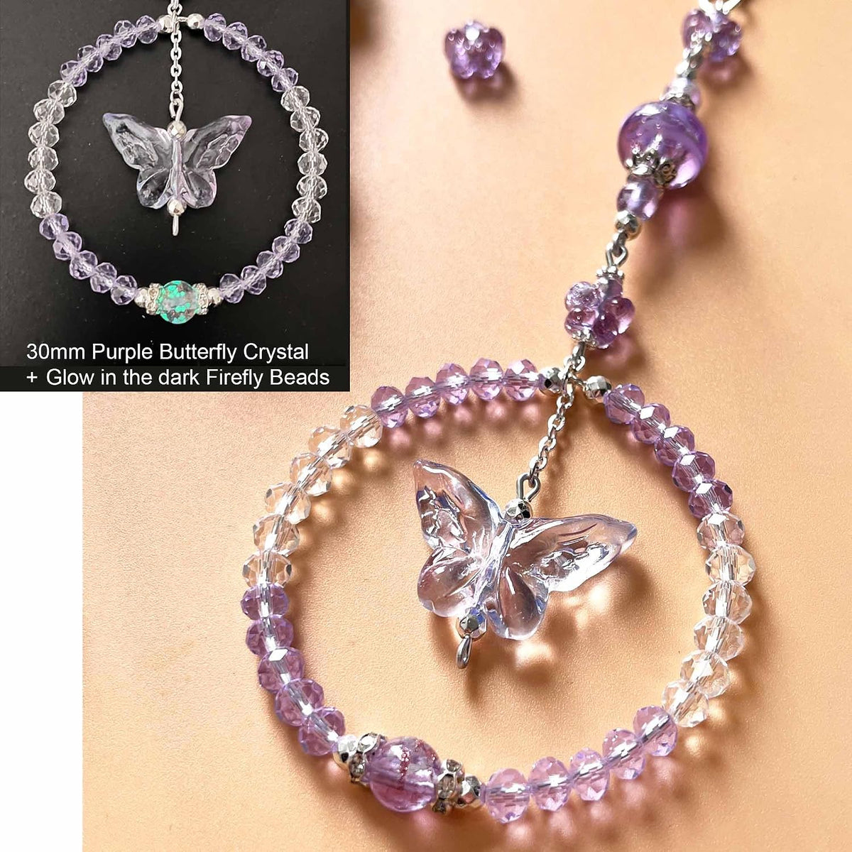 Artsy Crafts - Butterfly Hanging Car Charm for Rear View Mirror Accessories Dangling Sun Catcher Car Décor Ornament Murano Glass Firefly Beads Crystal Pendant (Puprple Butterfly)