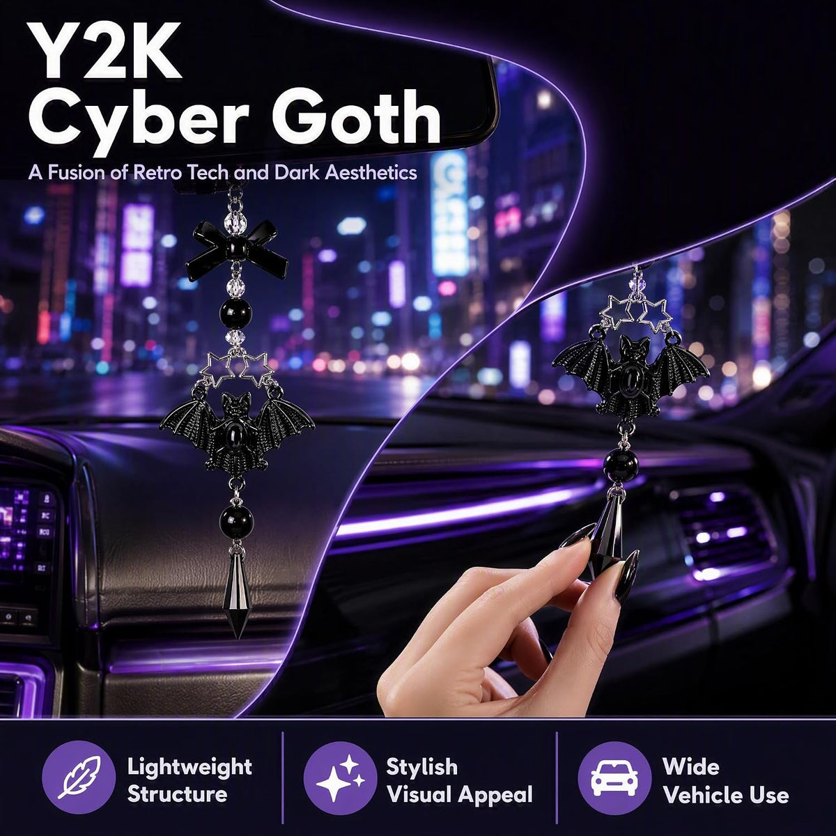 Gothic Car Rearview Mirror Charm Black Crystal Bat Pendant Decor