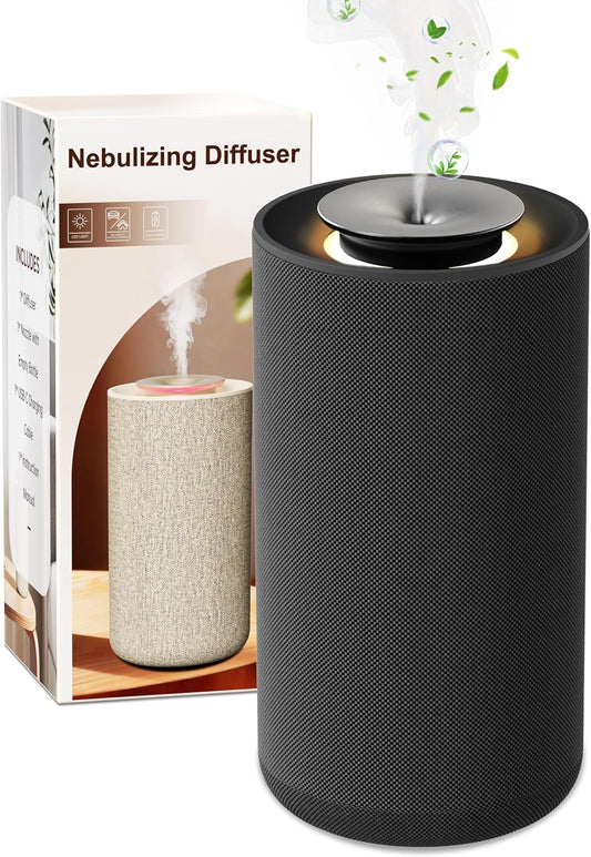 Waterless Essential Oil Diffuser for Home & Car,Fabric Covered with Ambient Light,2-in-1 Modes & Adjustable Mist Output,Cordless Portable Scent Machine with Auto Start-Stop,Fits 5/10/15ml